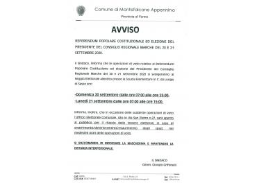 AVVISO  REFERENDUM POPOLARE COSTITUZIONALE ED ELEZIONE DEL PRESIDENTE DEL CONSIGLIO REGIONALE MARCHE DEL 20 E 21 SETTEMBRE 2020.